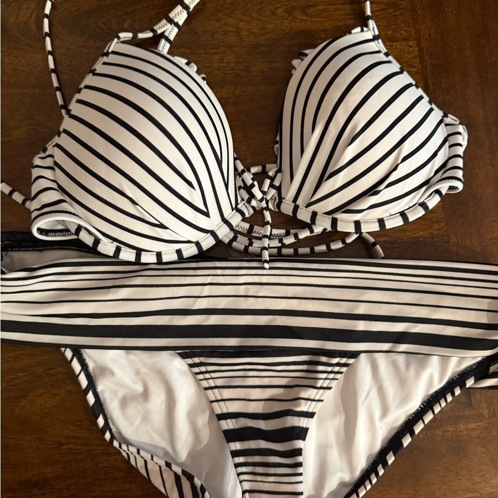 Victoria's Secret Black and White Striped Bikini Top & Bottom
